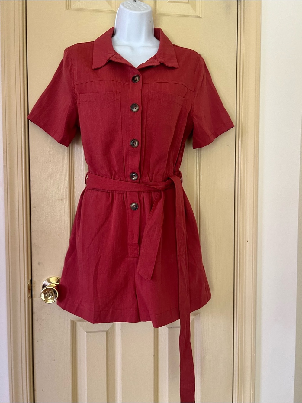Forever 21 Red Short Sleeve Button-Front Romper with Tie Waist